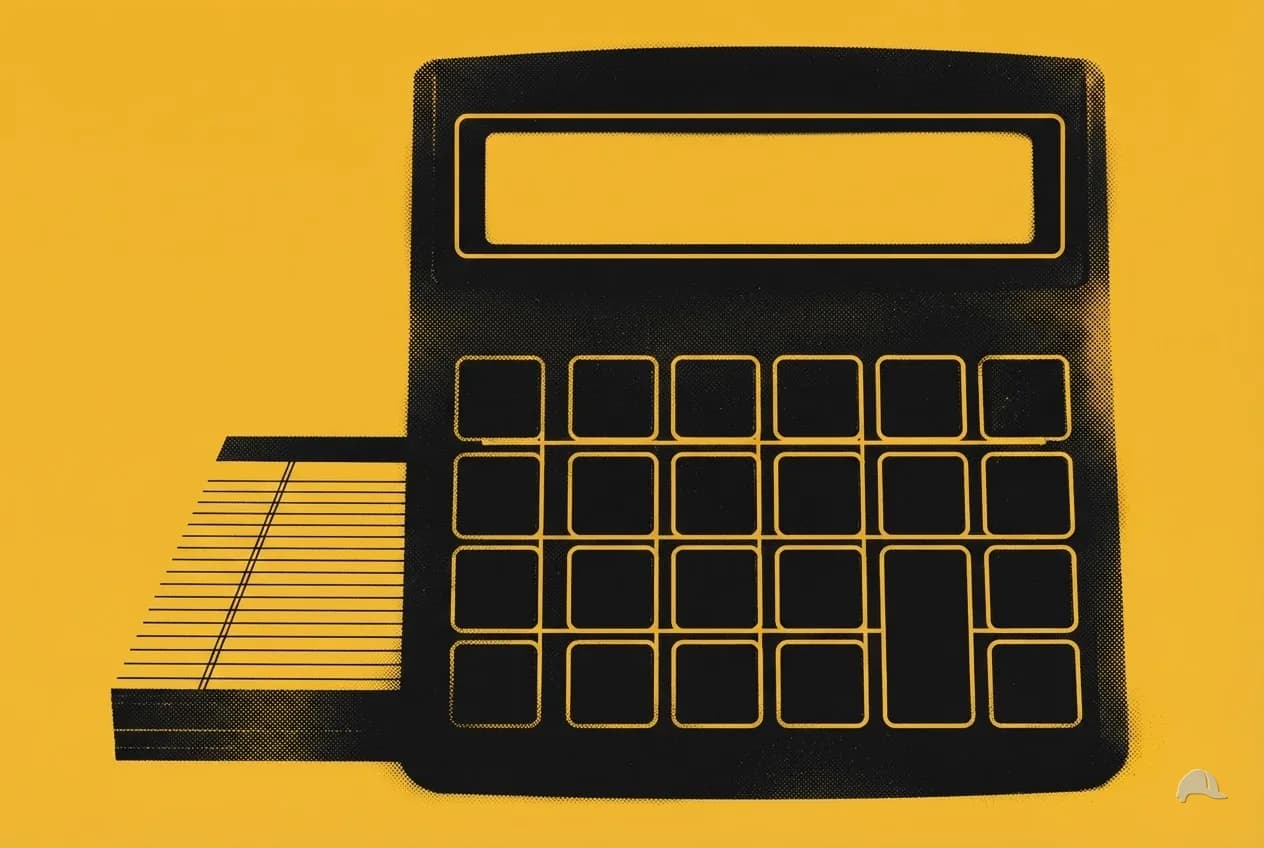 Stencil print of a desk calculator with a blank display and a grid of blank keys, beside a stack of ruled sheets